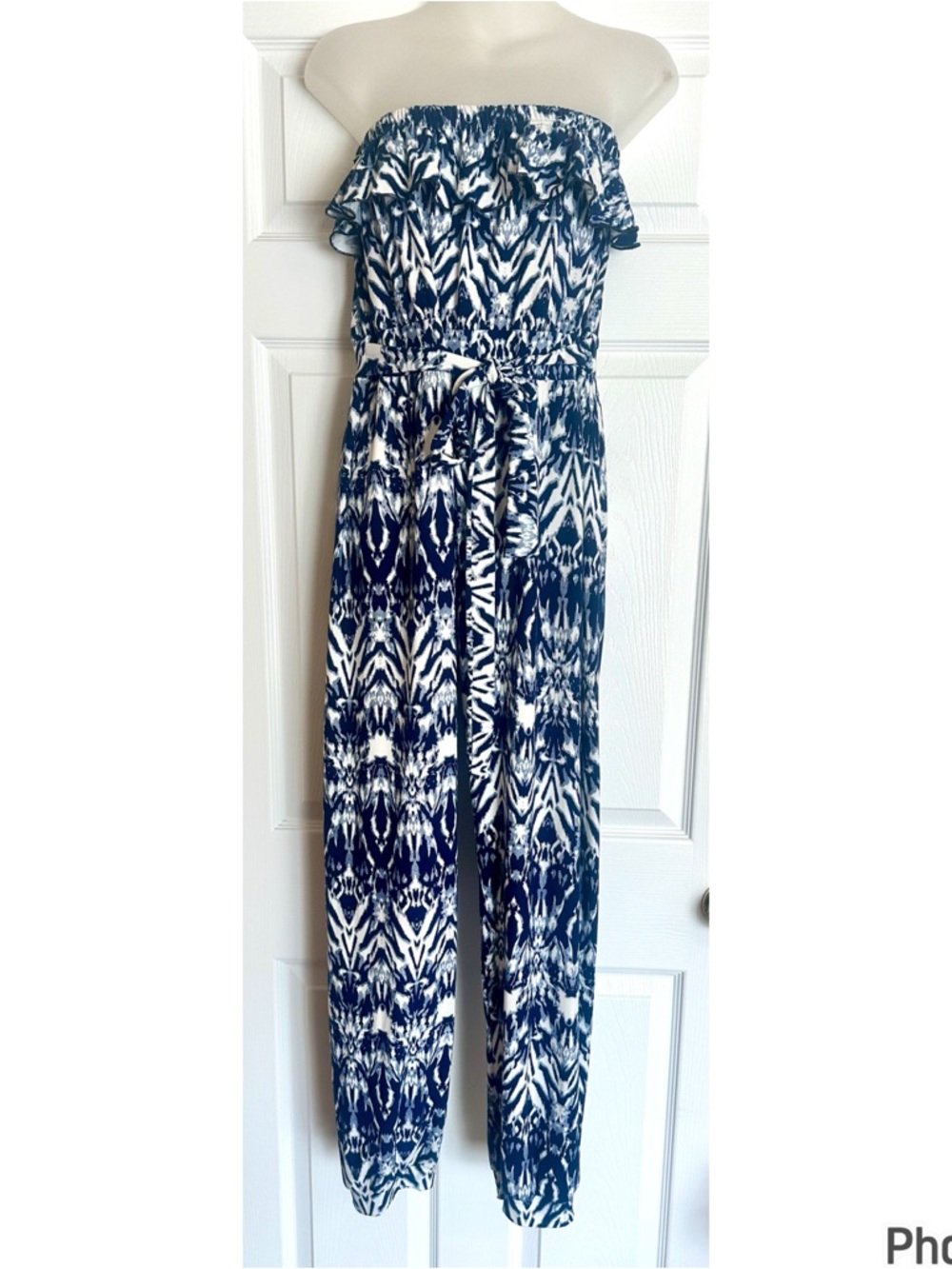 Rue 21 Strapless Navy & White Printed Jumpsuit with Self-Tie Waist